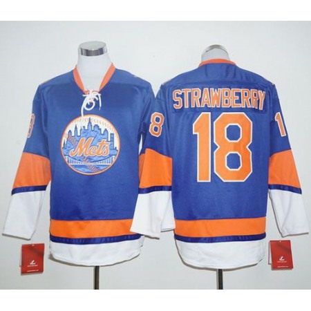 Mets #18 Darryl Strawberry Blue Long Sleeve Stitched MLB Jersey