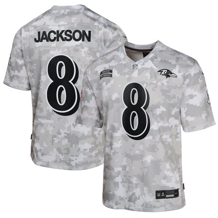 Youth Baltimore Ravens Lamar Jackson Nike Arctic Camo 2024 Salute to Service Game Jersey